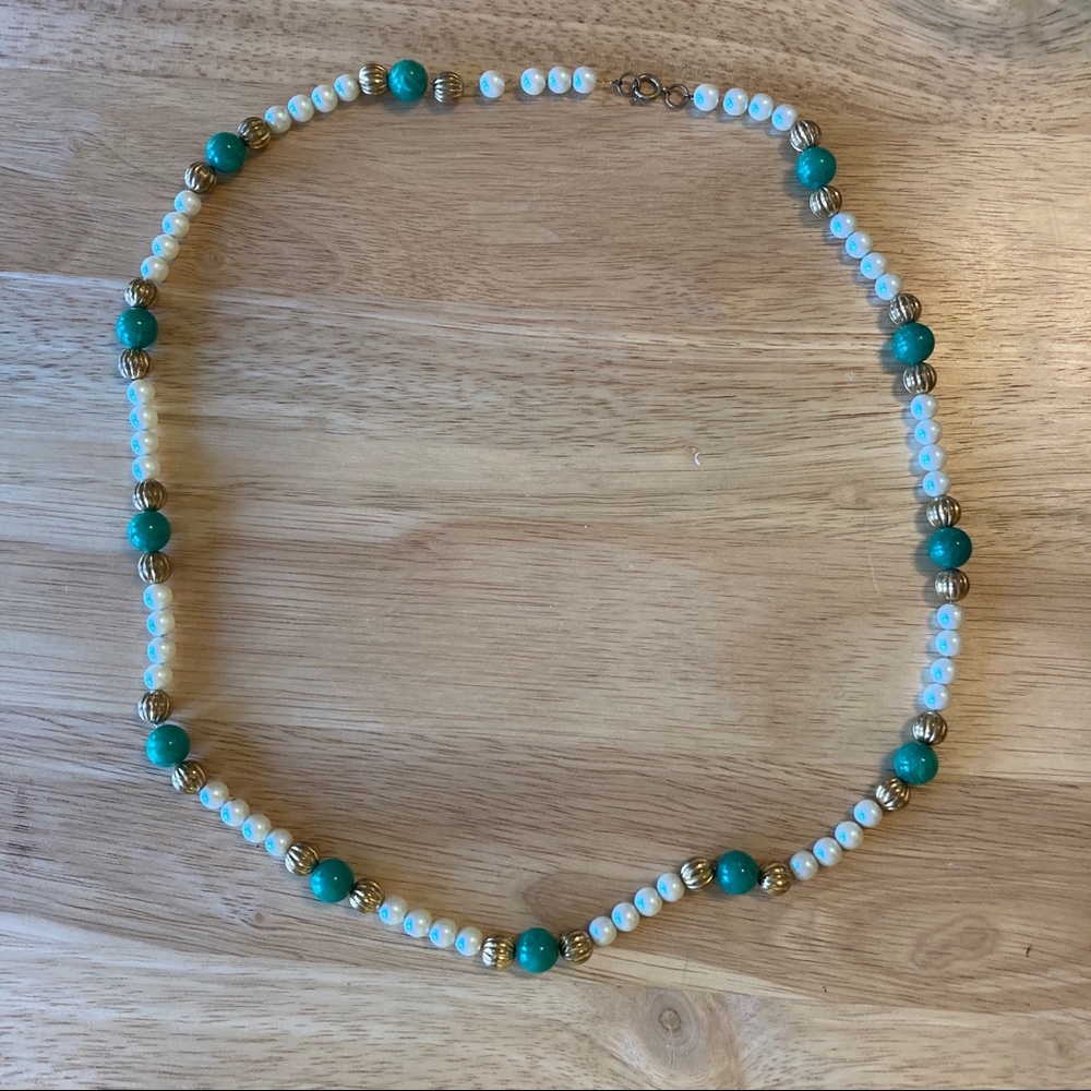 Green Gold and Faux Pearl Necklace